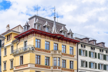 Obraz premium View of historic Zurich city center on a cloudy day in summer, Canton of Zurich, Switzerland.
