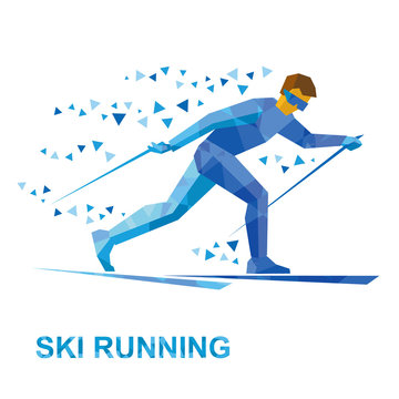 Winter sports - Skiing. Cartoon skier running. Athlete with blue patterns runs on skis. Flat style vector clip art isolated on white background.