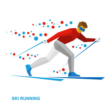 Winter sports - Skiing. Cartoon skier running. Athlete in red and white runs on skis. Flat style vector clip art isolated on white background.