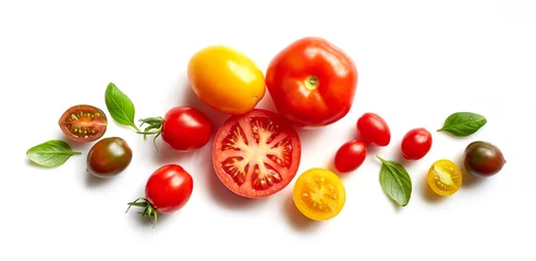 Foto op Plexiglas verschillende kleurrijke tomaten © Mara Zemgaliete