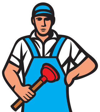 plumber in uniform holding a plunger