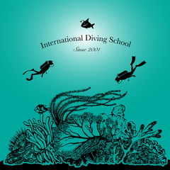 Scuba diving and snorkeling center or school logo. Scuba diver swimming underwater over beautiful corals. Vector Illustration