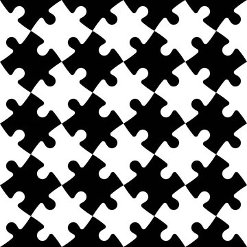 Jigsaw puzzle seamless background. Mosaic of black and white puzzle pieces in diagonal arrangement. Simple flat vector illustration.