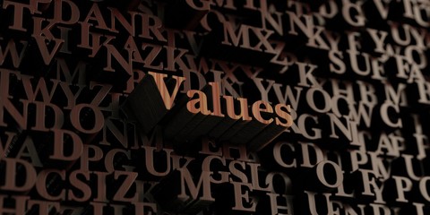 Values - Wooden 3D rendered letters/message.  Can be used for an online banner ad or a print postcard.