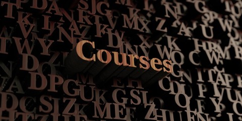 Courses - Wooden 3D rendered letters/message.  Can be used for an online banner ad or a print postcard.