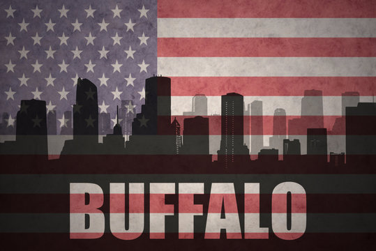 abstract silhouette of the city with text Buffalo at the vintage american flag