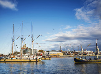 Fototapeta na wymiar old sailing boats in helsinki city harbor port finland