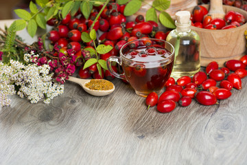Medicinal plants and herbs composition: Dog rose, bunch branch Rosehips, types Rosa canina hips, essential oil. bunch, Tea with rosehip, Tansy, Anise, dried flowers of linden and chamomile 