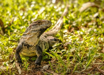 Yucatan iguana on a small patch of grass in Yucatan, Mexico.