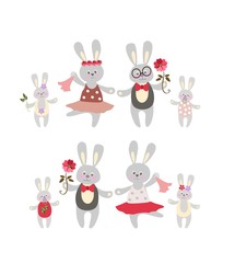 Two rabbit family on white background.. Father, mother, son, daughter. Cute cartoon animals.