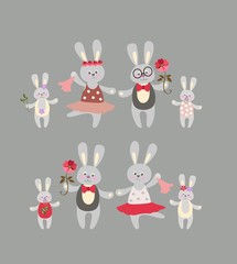Fototapeta premium Two rabbit family on grey background. Father, mother, son, daughter. Cute cartoon animals.