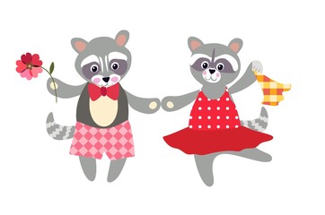 Two funny raccoons on white background. Cute cartoon animals.