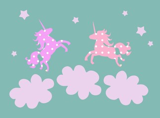 Cute greeting card with unicorns, clouds and stars. Vector illustration. Carpet.