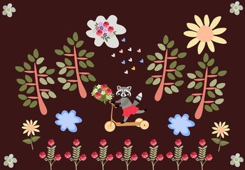 Cute cartoon raccoon riding a scooter with a bouquet of flowers as a gift. Greeting card. Summer forest.
