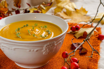 Pumpkin soup. Autumn still-life.