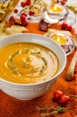 Pumpkin soup. Autumn still-life.