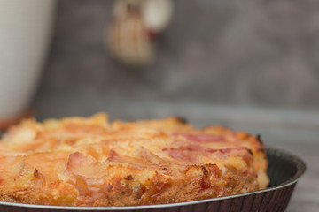 Apple pie on the plate. Golden crust. The interior of the kitchen.