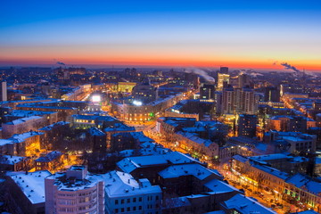 Voronezh from rooftop, winter night, prospect of Revolution 