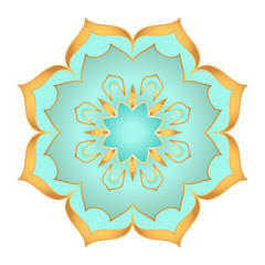 Mandala flower in beautiful gold and turquoise colors on white background