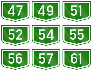 Montage of route shields of numbered main roads in Hungary
