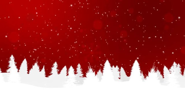 Red Christmas Background with Snowflakes Falling on Trees