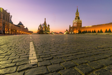 Red square, Moscow Kremlin, Saint Basil Cathedral and GUM trading house at dawn. Moscow Russia.