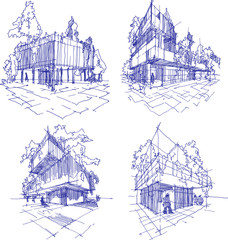 four hand drawn sketches  of abstract modern building with lots of greenery and  trees on the roof and walls