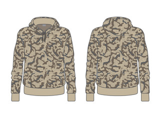 Men's hoodie with military camouflage print, front and back view