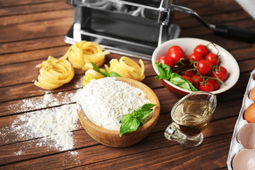 Making pasta at home. Composition on kitchen table