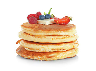 Stack of tasty pancakes with berries isolated on white