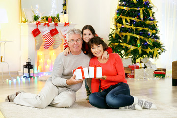 Little girl and her grandparents in living room decorated for Christmas