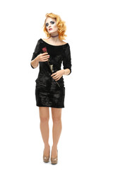 Young girl dressed as dead woman for Halloween, isolated on white