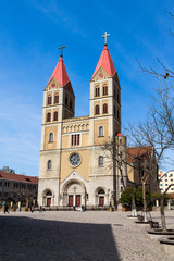 Exterior of St. Michael's Cathedral (Zhejiang Road Catholic Church) in the heart of the old german town, Qingdao, China