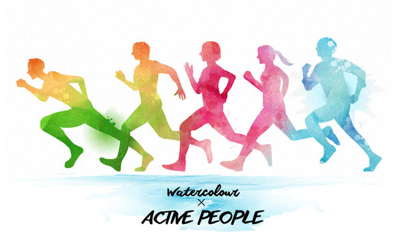 Watercolor running people