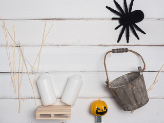halloween object concept with wooden background