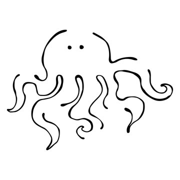 Vector black and white  illustration. Octopus isolated on the white background. Hand drawn contour lines and strokes. Marine  logo, icon, sign. Graphic vector illustration.