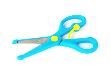 blue handcraft scissors for children on a white background