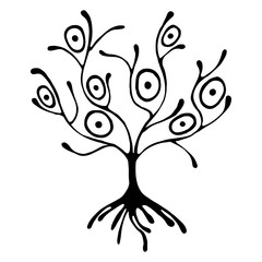 Vector hand drawn illustration, decorative ornamental stylized tree. Black and white graphic illustration isolated on the white background. Inc drawing silhouette. Decorative artistic ornamental wood