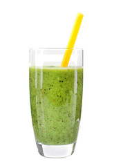 Glass of fresh delicious smoothie with straw on white background, closeup