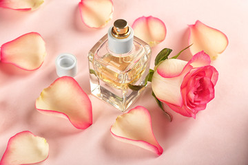 Composition of perfume bottle and rose petals on pink background