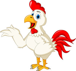 Happy cartoon rooster waving
