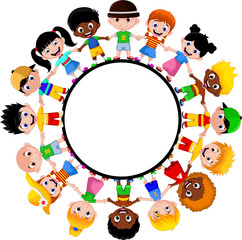 Circle of happy children of different races for your design