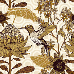 Fototapety  Vintage style tropical bird and flowers background, fashion seamless pattern