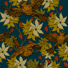 Vintage summer background, birds and flowers, fashion seamless pattern