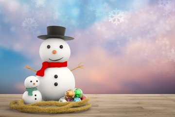 smiling snowman with twilight sky background