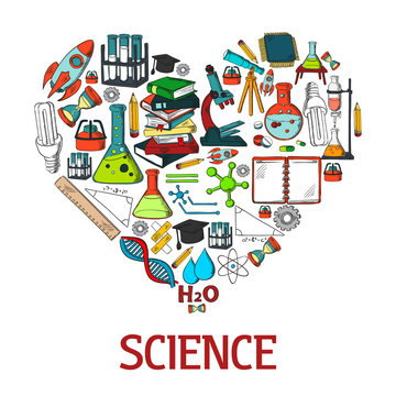 Heart shape emblem with science vector icons