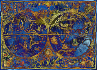 Vintage illustration with blue world atlas map on textured background