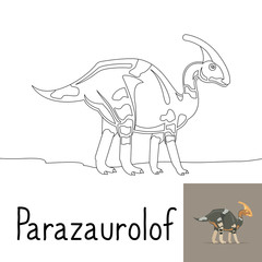 Coloring page for kids with Parazaurolof dinosaur and colored preview. Vector illustration