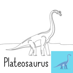 Coloring page for kids with Plateosaurus dinosaur and colored preview. Vector illustration
