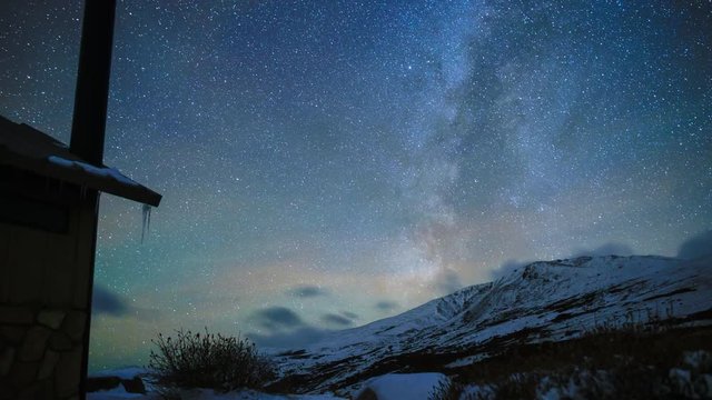 Milky Way timelapse over snow-capped mountain